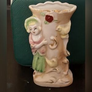 Charming Vintage ceramic bud Vase with Painted Figures, made n Japan